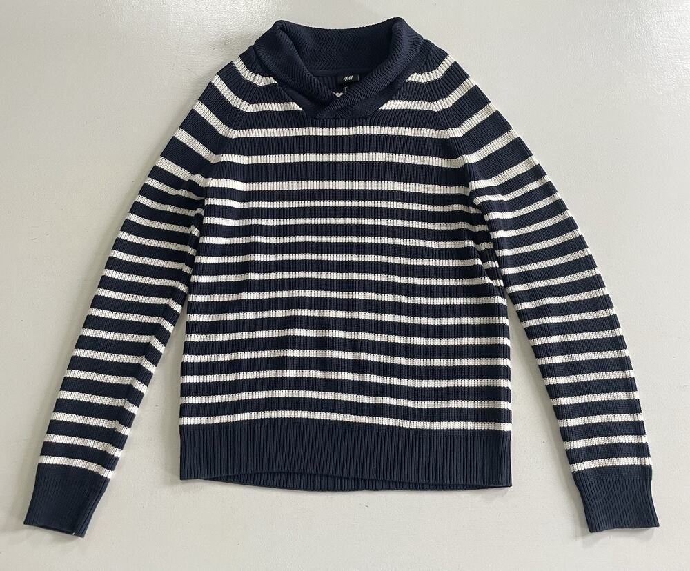 H&M Men's Shawl Collar Knit Striped Sweater Cotton Navy Blue White Size Large